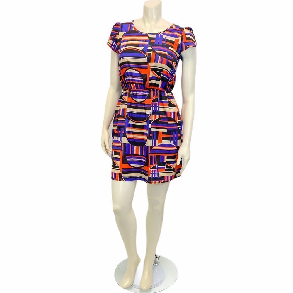 Paisley and Ivy Geometric Print Mini Dress Small Stretchy Waist Multicolor